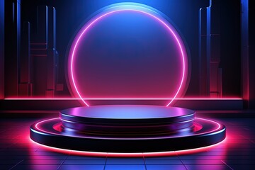 Futuristic neon podium scene template for product presentation with abstract geometric backdrop, realistic modern pedestal mockup vector