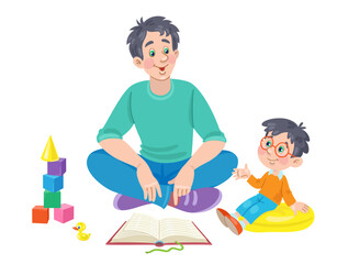 Poster - Young father and little son are sitting and reading a book. In cartoon style. Isolated on white background. Vector flat illustration