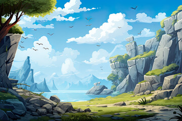 Wall Mural - 2D abstract rocky cliff background environment for adventure or battle mobile game. Cartoon style of rocky cliffside plants in game art background environment.