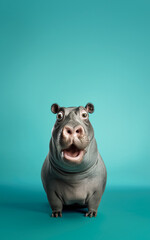 Poster - Hippo with shocked surprised expression, large eyes. Vertical banner with copy space above. Generative AI