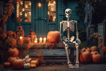 Skeleton is waiting for a Halloween party near a house decorated with pumpkins and candles