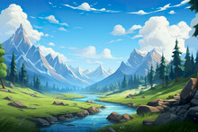Abstract 2D Rocky Mountain Pass Background Environment For Adventure Or Battle Mobile Game. Mountain Pass Cartoon Style In Game Art Background Environment.