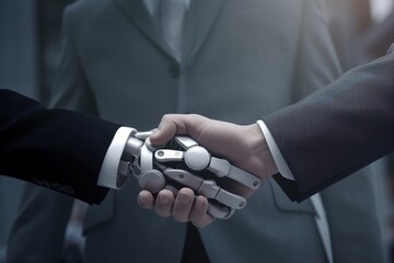 Close-up of the hands of a robot and a businessman shaking hands