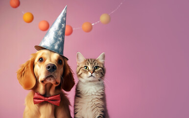 Wall Mural - A colorful and lively background sets the stage for an amusing sight: a cat and dog decked out in funny party clothes, exuding a playful charm and adding an extra dose of fun to any festive occasion.