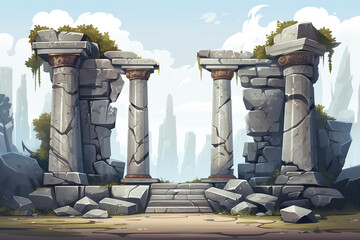 Wall Mural - Abstract 2D greek stone pillars background environment for adventure or battle mobile game. Cartoon style of stone pillars in game art background environment.