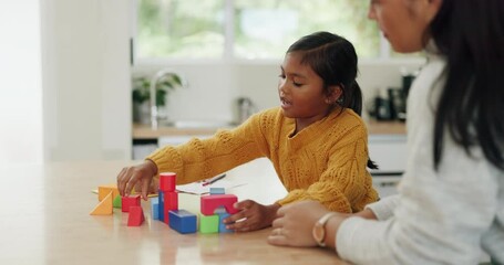 Wall Mural - Mother, daughter and building blocks, puzzle and learning with education toys, development and bonding at home. Woman, young girl and growth, help and support with love, trust and academic games