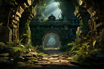Wall Mural - Background environment of 3D abstract secret escape route for adventure mobile game. Cartoon style of escape route in rain forest in game art background environment.