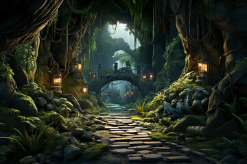 Wall Mural - Background environment of 3D abstract secret escape route for adventure mobile game. Cartoon style of escape route in rain forest in game art background environment.