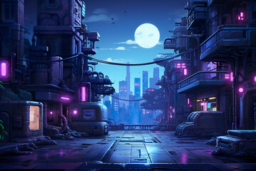 Wall Mural - 2D abstract futuristic city background environment for mobile adventure or battle game. Futuristic cyberpunk city cartoon style in game art background environment.