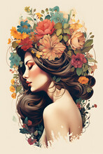 Illustration Featuring A Woman With Long Flowing Hair Adorned With An Array Of Vibrant Flowers