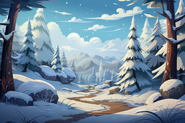 Wall Mural - Abstract 2D snowy pine forest background environment for adventure or battle mobile game. Snowy forest cartoon style in game art background environment.
