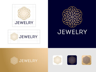 Wall Mural - Jewelry Boutique logo. Gold ornament like lace element consists of gold lines. Premium emblem.