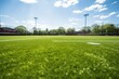 A perspective of a synthetic turf baseball field in a high school, taken from the batters box while facing the outfield.