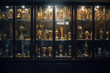 Trophy display case shelf made of glass and wood full of gold and silver trophies. Generative AI