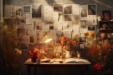 Wall Mural - A workspace setup with a nostalgic touch featuring old books, dried flowers, various office supplies, and a frame for posters.