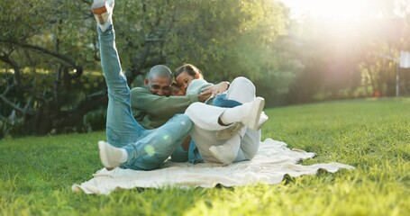 Wall Mural - Nature, hug and kid bonding with her parents at an outdoor park while on picnic together. Happiness, smile and girl child running to embrace her young mother and father while relaxing in green garden