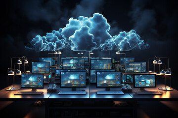 Wall Mural - online, cloud storage, contact, computing, tablet, phone home devices with online. linking computer 