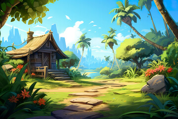 Wall Mural - 2D abstract tranquil village background environment for mobile adventure or battle game. Small calm village cartoon style in game art background environment.
