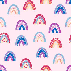 Seamless pattern graceful rainbows in boho colors. Scandinavian baby hand style for newborns.