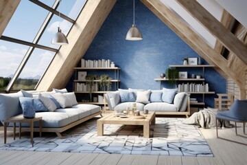Wall Mural - The interior design of the space resembles a loft, with blue and white hues dominating the color scheme. The flooring is made of wood.