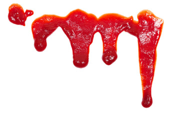 Wall Mural - Red ketchup splashes isolated on white background, tomato puree texture