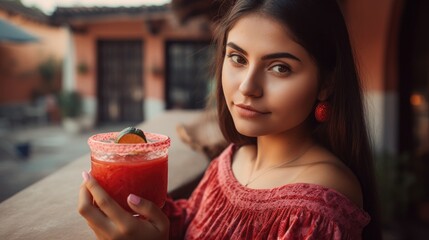 Wall Mural - Young beautiful woman with a strawberry margarita cocktail