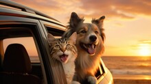 Dog And Cat Are Traveling With Their Family On Their Holiday.