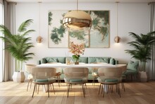 A Trendy And Diverse Dining Room Interior Featuring A Mock Up Poster Map, Chairs With A Shared Table Design, A Luxurious Gold Pendant Lamp, And A Sophisticated Sofa In A Separate Area. The Walls Are