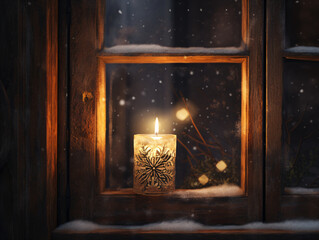 Lit candle in a glass jar with a snowflake design, in a frosted window with a layer of snow on the sill, against a dark and snowy background with falling snowflakes.