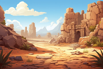 Wall Mural - Abstract 2D desert ancient ruins background environment for adventure or battle mobile game. Cartoon style of ancient desert ruins in game art background environment.