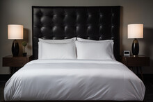 A Bed With A White Comforter And A Black Headboard