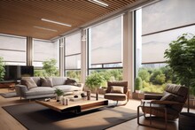 Interior Roller Blinds Are Present, With The Addition Of Large Sized Automated Solar Shades On The Windows. The Modern Interior Space Is Adorned With Wooden Decorative Panels On The Walls, Accompanied