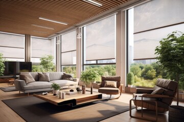 interior roller blinds are present, with the addition of large sized automated solar shades on the w