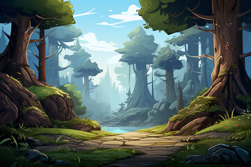 Wall Mural - Abstract 2D ancient redwood grove background environment for adventure or battle mobile game. Old woods cartoon style in game art background environment.