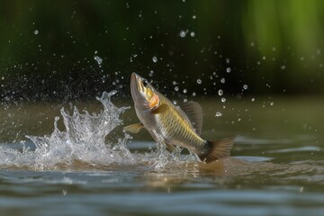 Close up a fish jumping with splashes out of the water lake