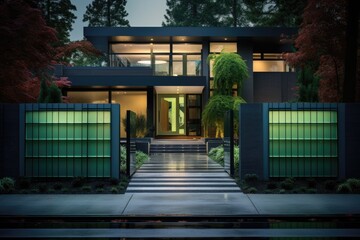 Wall Mural - The gate of a contemporary aluminum suburban home is colored in shades of green and grey, serving as an entrance to the house.