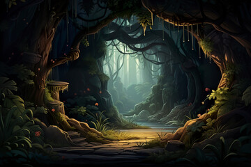 Wall Mural - Abstract 2D ancient redwood grove background environment for adventure or battle mobile game. Old woods cartoon style in game art background environment.