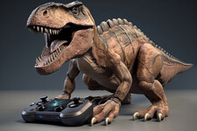 Toy Brown Roaring Dinosaur With Gamepad On Table