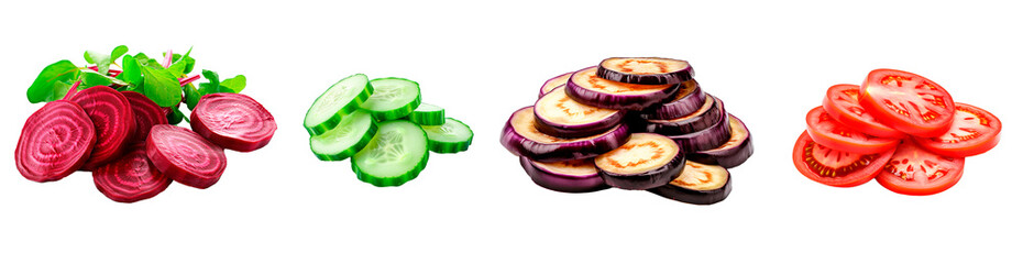 Wall Mural - Set of beet, cucumber, eggplant and tomato slices on isolated transparent background