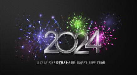 Wall Mural - 2024 silver numbers with multi-colored firework lights. happy new year 2024 banner with flickering f