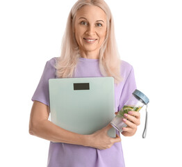 Canvas Print - Mature woman with scales on white background