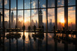 canvas print picture - Geschäftsleute im Wolkenkratzer vor dem Fenster mit Blick auf der Skyline
