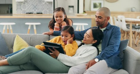 Sticker - Happy family, couch and parents streaming on a tablet with children watching a show or movie with subscription online. Web, website and mother relax with kids and father on a sofa on an app service