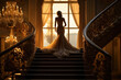 © Justlight - A beautiful woman surrounded by the ling of exquisite chandeliers standing atop the polished marble steps of the ballroom entrance