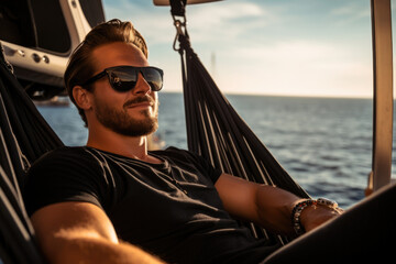 Wall Mural - A man in a black tshirt and sunglasses chilling in a luxurious hammock strung up in the cabin of the superyacht looking out at the
