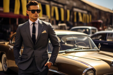 Wall Mural - A man in a tailored suit shades and watch posing on the hood of an oldfashioned vintage car with other classic vehicles seen behind