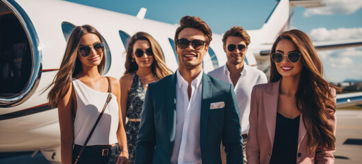 Wall Mural - Group shot of a group of friends exiting the private jet all smiles and looking dashingly stylish.