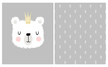 Hand Drawn Fluffy Polar Bear With Cute Crown And Grey Background Card, Pine Trees Doodle Seamless Pattern, Kids Motif And Neutral Poster, Nursery Wall Art