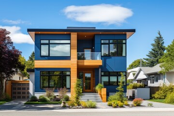 Canvas Print - The typical exterior appearance of a freshly constructed contemporary suburban residence, set against a vibrant blue sky.