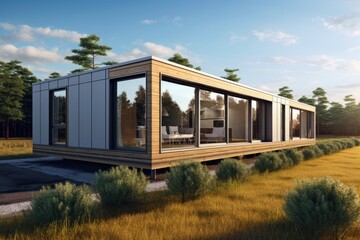 Modular houses with a single floor and expansive windows that offer wide views. These houses are constructed using sandwich panels.